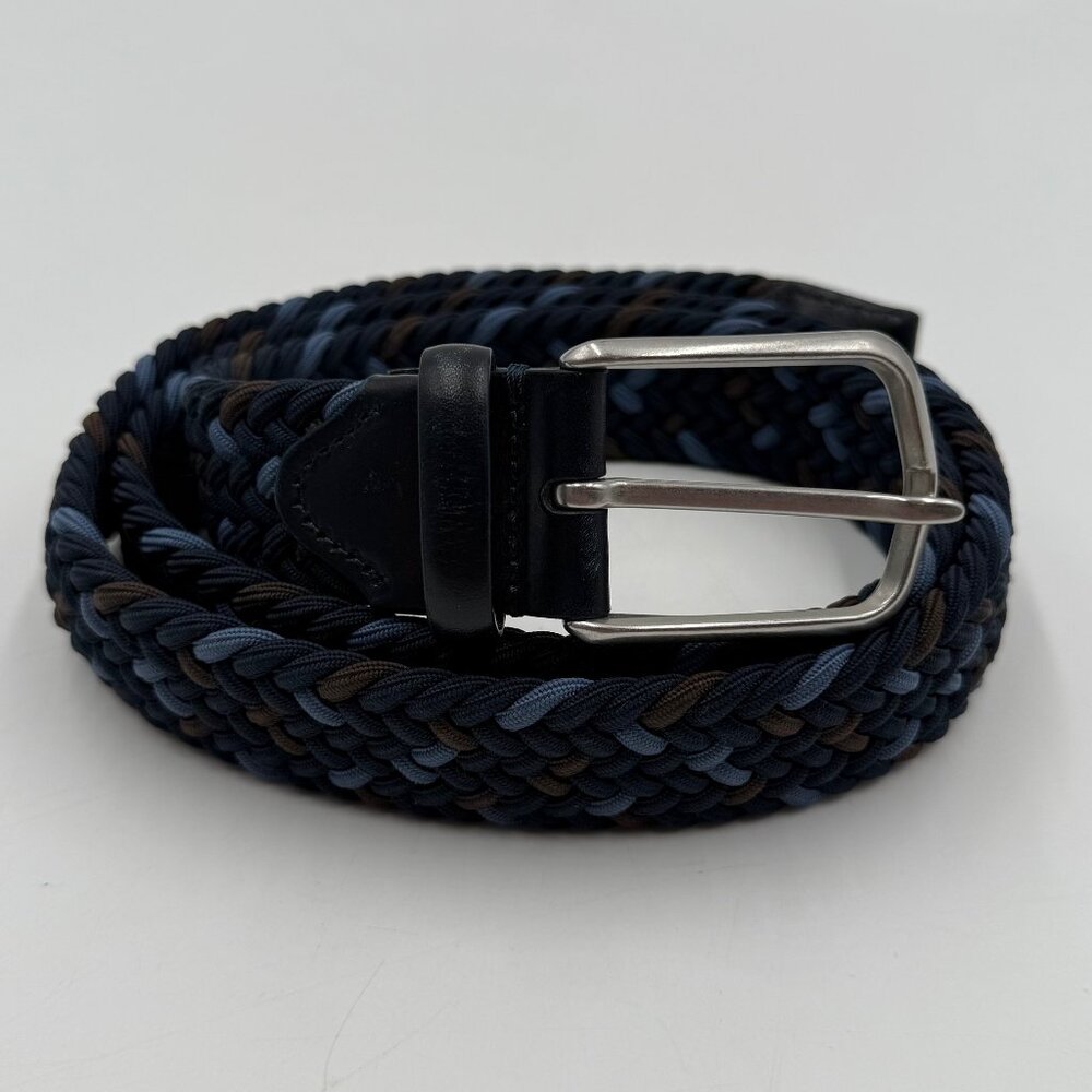 J & M Stretch Woven Belt Blue Brown Sz 36 Silver Buckle Adjustable 1.25" Wide